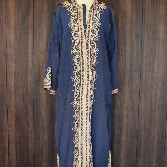 Vintage Moroccan Caftan, Blue and Gold Tunic or Dress, Traditional Middle Easter - Picture 2 of 10